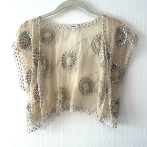Moyna for Anthropologie‎ Beige and Silver Embellished Blouse
